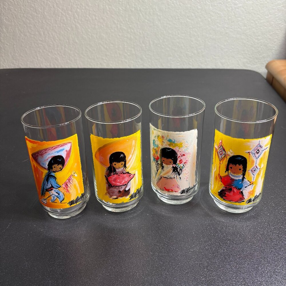 Set of 4 Vintage DeGrazia signed Drinking Glasses